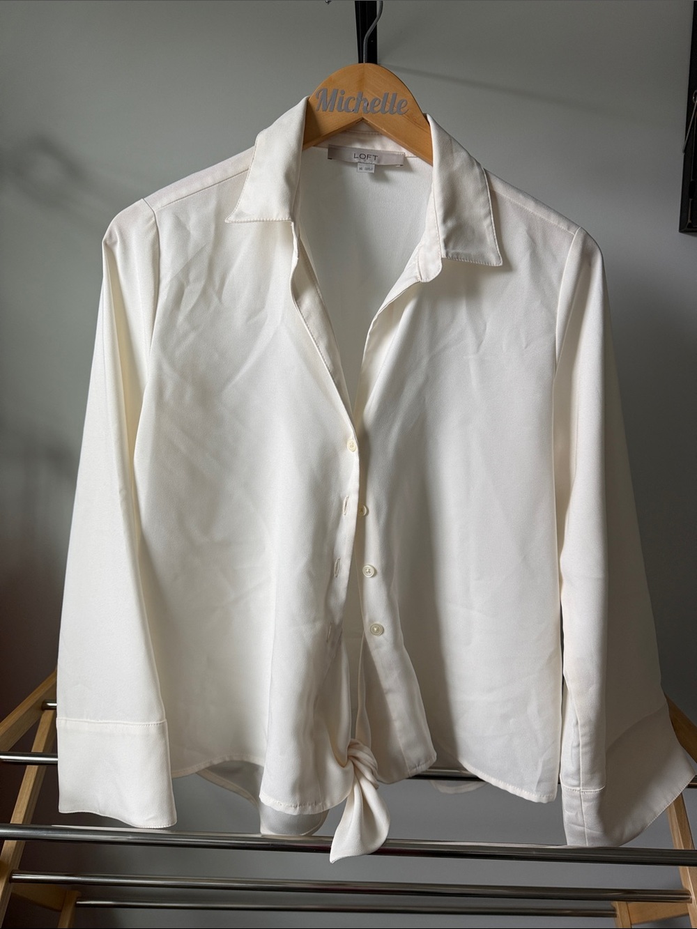LOFT Cream Button-Front Tie Hem Shirt